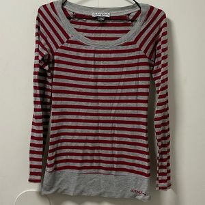 GUESS Silver Glitter Red & Grey Horizontal Striped Long Sleeve Top!